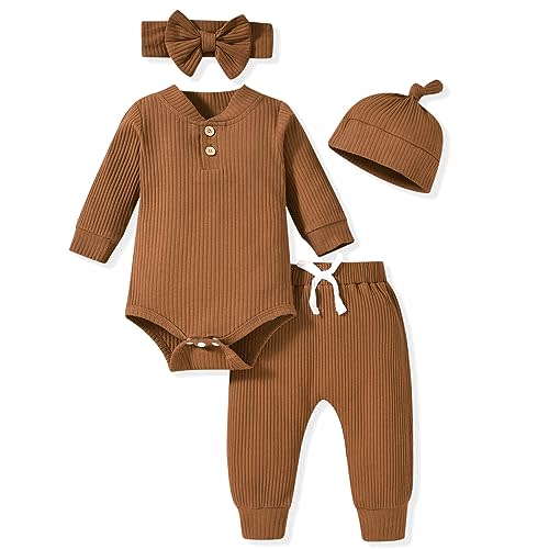 Aalizzwell Gender Neutral Long Sleeve Baby Ribbed Outfit with Hat & Headband