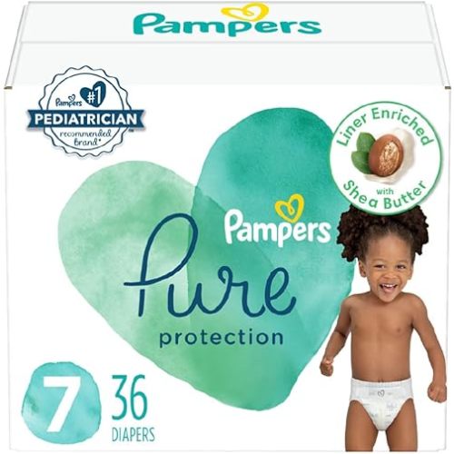 Pampers Baby Diapers - Pure Protection - Size 7, 36 Count, for up to 100% Leakproof, Premium Plant-based Skin Protection