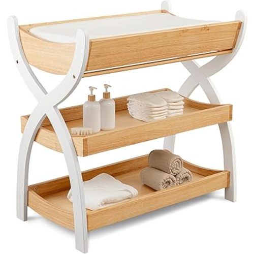 Comfy Cubs Baby Changing Table - Sturdy Wood Construction, Timeless Look Baby Change Table with Two Open Shelves for Infant Daycare Essentials Storage - Natural Wood with White Legs