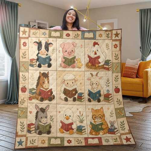 Quilt Blanket: Farm Animal Reading Music Gardening Patchwork Nursery Decor