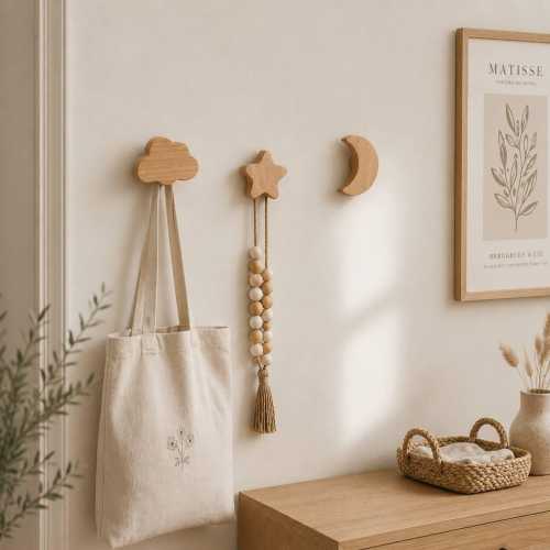 Wooden Nursery Wall Hooks Set of 3, Cloud Star Moon Hooks, Kids Room Decor, Baby Coat Hooks, Montessori Nursery