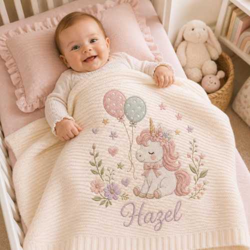 Personalized Unicorn Baby Blanket, Custom Name Knit Throw, Floral Cat Nursery Decor, Baby Girl Newborn Gift, Baby Shower Keepsake