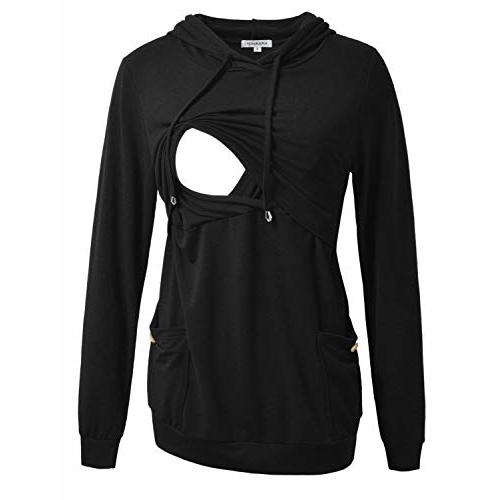 GINKANA Womens Nursing Hoodie Top Sweatshirt Long Sleeve Button Decoration Pockets Shirts Tunic Top