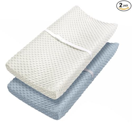 Babebay Changing Pad Cover, Ultra Soft Minky Dots Plush Changing Table Covers for Baby Boys and Girls, Breathable, 2 Pack(Blue Gray & Lily White)