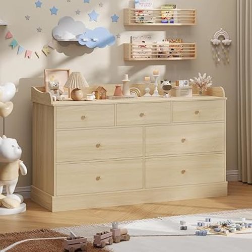 Vabches Kids Dresser Cabinet with 7 Drawers and Large Table Top, Multi-Functional Chest of Drawers, Baby Dresser, Kids Bedroom Furniture, Nightstand for Child’s Room, Natural