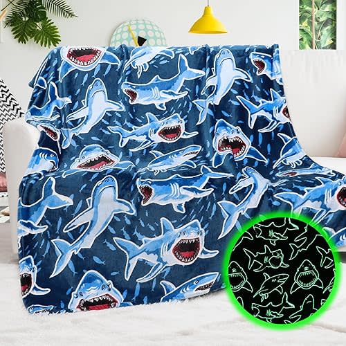 Shark Blanket Gifts for Kids Boys, Shark Toys Fleece Baby Blankets for Boys Toddlers, Plush Cozy Small Blue Ocean Sea Creature Throws with Hammerhead, Mako, White Whale Sharks Room Decor 40"x50"