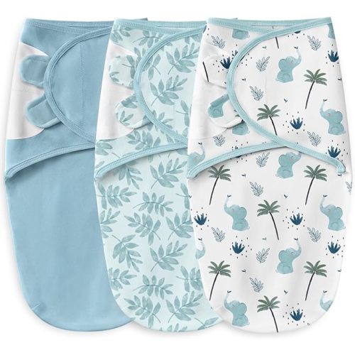 Unnivoll Baby Swaddles for Newborns 100% Cotton Newborn Swaddle Sack 3 Pack Baby Swaddles 0-3 Months Swaddle Sleep Sack for Newborn Baby Boy Girl Blue Leaves & Elephant