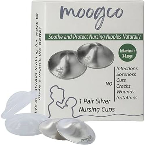 MOOGCO The Original Silver Nursing Cups - 999k Silver Nipple Cups - Nipple Shields for Breastfeeding Newborn – Protective Silver Nipple Covers for Nursing Moms (TriLaminate X-Large)