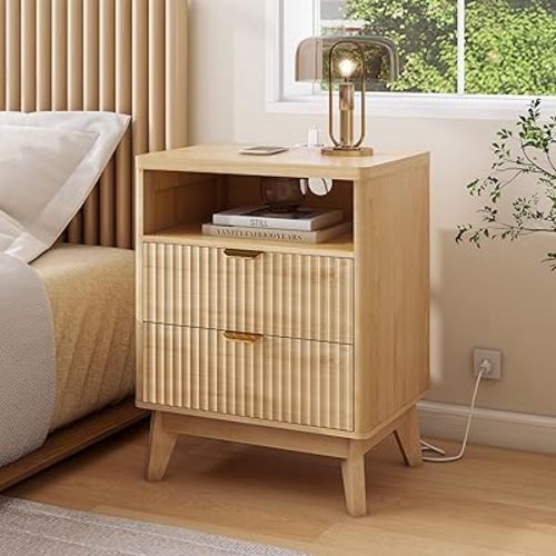 LYNCOHOME Fluted Nightstand with Charging Station, 19.7 inch Wide End Table with 2 Drawers, Modern Wood Bedside Table for Bedroom,Natural,1 Pcs