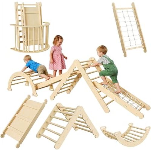 8-in-1 Pikler Triangle Set Foldable Baby Climbing Toys Wooden Climbing Set with Arch&Ramp&Ladder Baby Climber Indoor Jungle Gyms for Toddlers Toys, Birthday for Kids