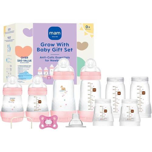MAM Grow with Baby Feeding Set, Newborn Essentials Must Have for 0-3 Months, Anti-Colic Bottles, Pacifiers and Skinsoft Silicone Nipples, Baby Gift 11 Piece, BPA Free for Girl