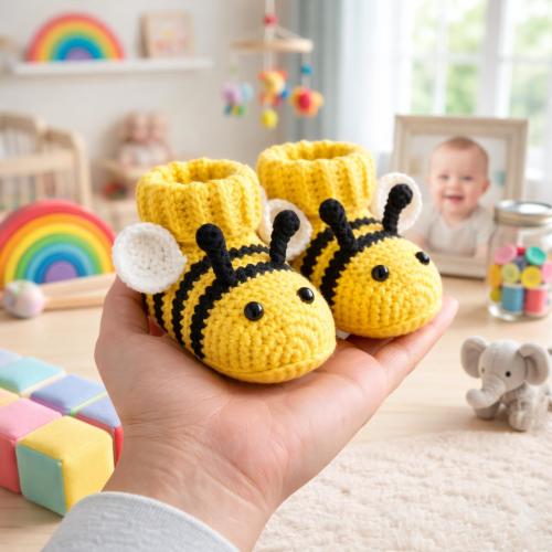 Handmade Crochet Bee Baby Booties, Cute Bumblebee Infant Shoes, Newborn Mary Jane Slippers, Baby Shower Gift, Gender Neutral Baby Shoes