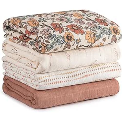 Muslin Swaddle Blankets for Newborn, 4 Pack Cotton Baby Blanket, Large 31.5 x 43.3 inch Breathable Soft Receiving Blanket, Essentials Swaddle Wrap Burping Clothes, Vintage Flowers