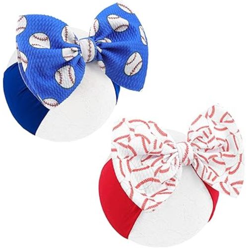 2PCS Baseball Themed Headbands for Baby Girls Softball Hair Bows Accessories for Newborns Infants Toddlers Sports Party Head Bow Wrap