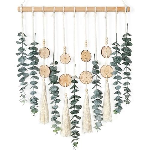 Alynsehom Artificial Eucalyptus Wall Hanging Decor Greenery Boho Chic Home Decorations Farmhouse Rustic Plants with Wooden Stick for Bedroom Living Room Apartment Ornament Gift (Green-3)