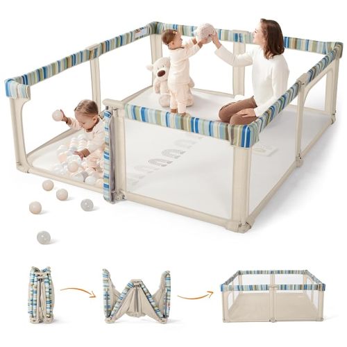Sweeby Baby Playpen, 79x71 Inch Baby Gate Playpens for Babies and Toddlers, Extra Large Playpen with Door Play Yard for Fence Indoor and Outdoor Play Pen,Light Khaki