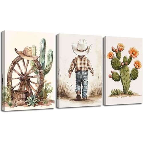 XLMDYYSW Western Cowboy Wall Art Set of 3 Nursery Canvas Prints Cactus Desert Poster Picture Cowboy Hats Paintings for Baby Boys Bedroom Children Decor Framed (Brown, 12.00" x 16.00" x 3PCS)