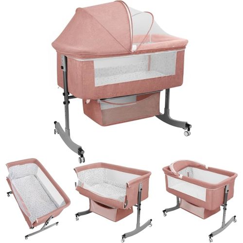 Bedside Bassinet Baby Crib, 3-in-1 Bedside Crib, 6 Levels Height Adjustable Baby Crib with Basket & Mosquito Net, Wheels, Portable Newborn Infant Cradle Bassinet Pink