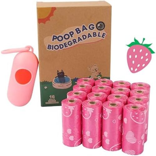 Rollos de bolsas para excrementos de perro, aroma a fresa biodegradable, color rosa, grande de 9 x 13 pulgadas con dispensador, a prueba de fugas y fácil de rasgar, 240 unidades, 16 rollos para pasear