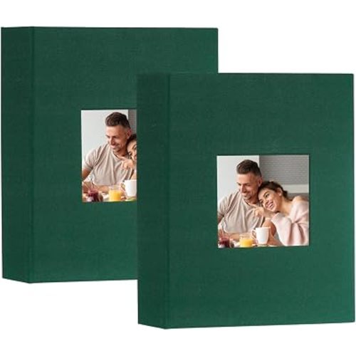 Artmag Small Photo Album 4x6-Clear Pages, Pack of 2 Linen Cover with Front Window, Each Small Album Holds 52 Photos,Artwork or Postcards(Dark Green)