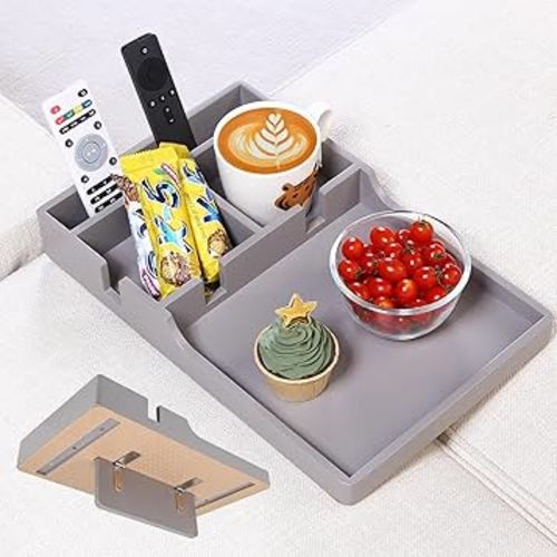 Couch Tray Insert for Middle, Bamboo 15.3″x9.8″ Sofa 2 Cups Holder Table Between Couch Cushions, Fit Armless Couch/Sectional, 2-in-1 Fold-Flat Tray for Drink Snack Remote Holder, Gray