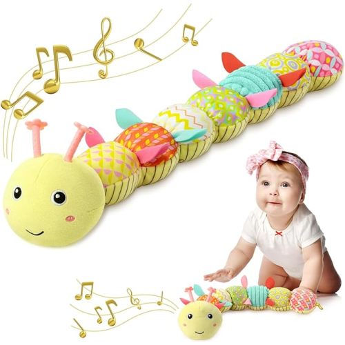 Baby Toys 0 to 12 Months, Musical Stuffed Animal Activity Soft Toys with Multi-Sensory Crinkle, Rattle and Textures, Infant Tummy Time Toys for Newborn Boys Girls, Caterpillar, Yellow