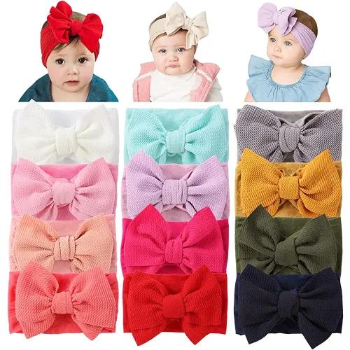 Cinaci 12 Pack Oversized Colorful Solid Stretchy Nylon Headbands with Big Bow Large Knot Hair Bows Soft Elastic Hair Bands Hair Accessories Wide Headwraps for Newborn Baby Girls Infants Toddlers Kids