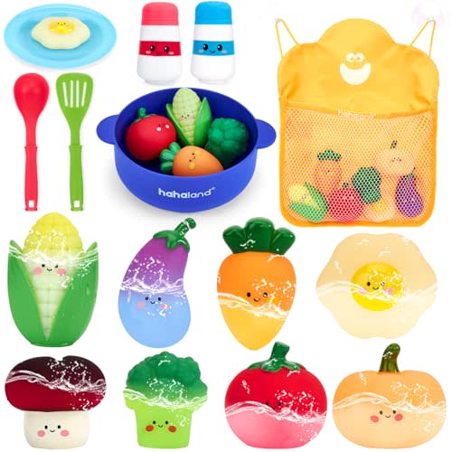 hahaland Bath Toys for Kids Ages 1-3, Color-Changing Pretend Cooking Set | 15PCS Pretend Cooking Set with Color Changing Veggies, Pot Spoon Mesh Bag, No Hole Mold-Free Bathtub Toy for 1 Year Old Gifts