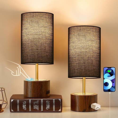 NATYSWAN Touch Lamps for Nightstand - Small Bedside Lamps Set of 2 with Ac Adapter Vintage Modern Table Lamp with Black Round Fabric Shade for End Tables Living Room Dorm