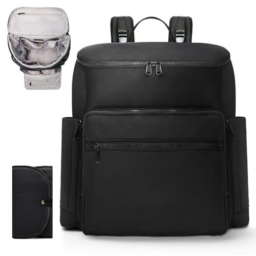 ILCOLPO Diaper Bag Backpack, Neoprene Bag Backpack, Large Diaper Backpack with 16 Diaper Bag Organizers, 4 Insulated Pockets, Lighweight Travel Baby Bag with Changing Pad for Mom & Dad, Black