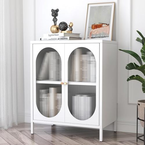 Small 2 Transparent Door Metal Storage Side Buffet Cabinet for Bed Room,Living Room,Entryway,Hallway,Home,Hotel,Office,Garage,Kitchen,1 Removable Shelf. (Transparent Door, White)