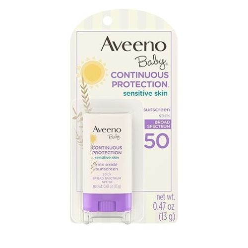 Aveeno Baby Continuous Protection Mineral Sunscreen Stick for Sensitive Skin with Broad Spectrum SPF 50 Protection for Face & Body, Naturally Sourced 100% Zinc Oxide, Travel Size, 0.47 oz