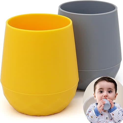 teensy peepsy Silicone Training Cups for Babies 4 Months+ | Tiny Open Cups for Baby Led Weaning Supply, Transition Cup 6-12 Months 2oz, Baby Essentials 2 Pack (Sunny Shade)
