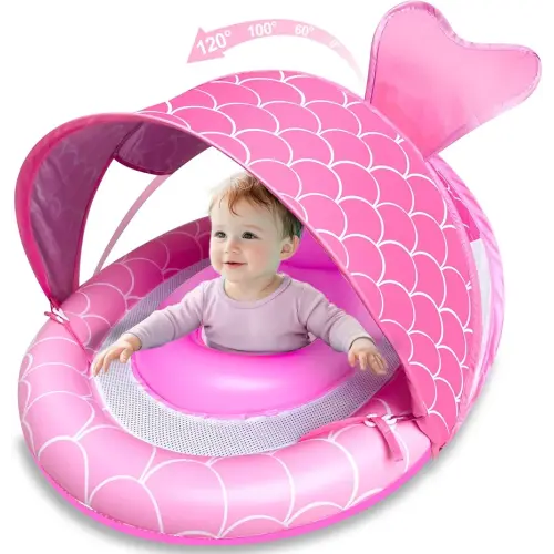 Baby Float with Canopy for Age 6-36 Months, UPF50+ Sun Protection, Dual Air Chambers, Adjustable Safety Seat, Inflatable Mermaid Pool Float for Baby Toddler wtih 4 Stage Adjustable Sun Canopy