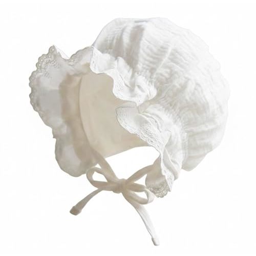 Baby Girl Cotton Muslin Bonnet - Vintage Ruffle Lace Newborn Sun Hat Adjustable Chin