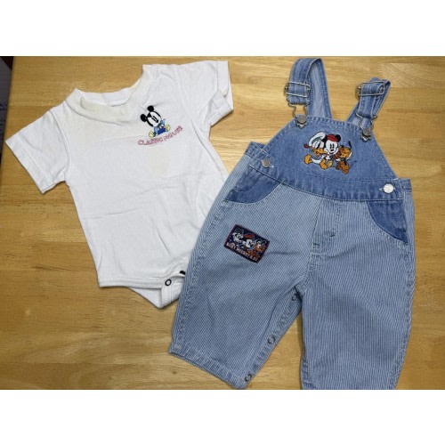 Vintage Baby Mickey & Co Outfit Boys 3-6M Striped Denim Overalls Shirt Disney