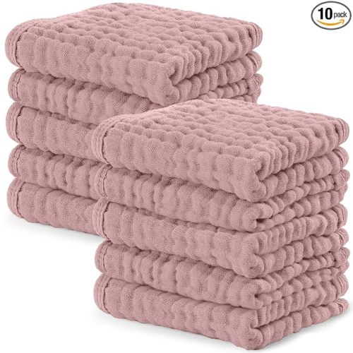 Comfy Cubs Muslin Baby Washcloths 10 Pack - Soft 6-Layer Cotton Wash Cloths for Sensitive Skin - 10"x10" Large, Gentle, Absorbent Infant Essentials for Newborn and Toddlers - Mauve