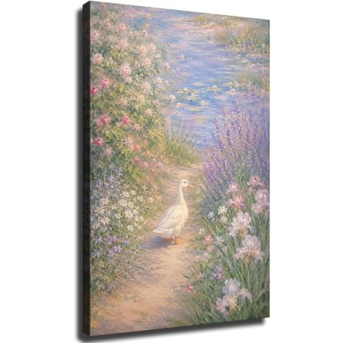 Pastel Garden Duck Framed Canvas Wall Art, Whimsical Floral Canvas Poster for Nursery, Bedroom, or Cottagecore Decor, Ready To Hang (Framed,16×24 inch)