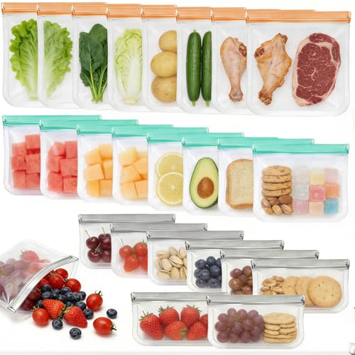 24 Pack Silicone Bags for Food Storage,Freezer & Dishwasher Safe,Leakproof Food Storage Bags,Reusable Freezer Ziploc Bags,Sandwich Snack Baggies-8 Gallon 8 Snack 8 Sandwich Bags,3 Colors