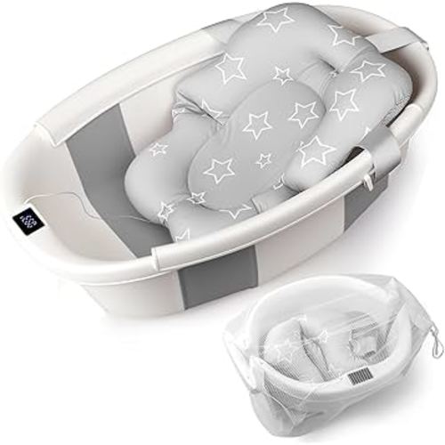 Baby Bathtub, Baby Bath Tub with Thermometer & Soft Cushion, Collapsible Infant Bathtub for Newborn to Toddler 0-36 Months, Quick Use & Portable for Travel(Grey)
