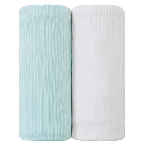 lasoftan Jersey Swaddle Blanket, Ultra Soft Stretchy Receiving Blanket, Baby Girl Newborn Rainbow Swaddle Wrap, 40 x 30 inches, 2 Pcs, White & Green