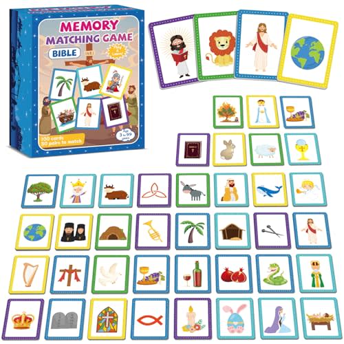 gisgfim 50 Pairs Memory Matching Game Bible Concentration Memory Card Games for Kids Educational A Fun & Fast Christian Bible VBS 2025 Easter Biblical Theme Matching Games