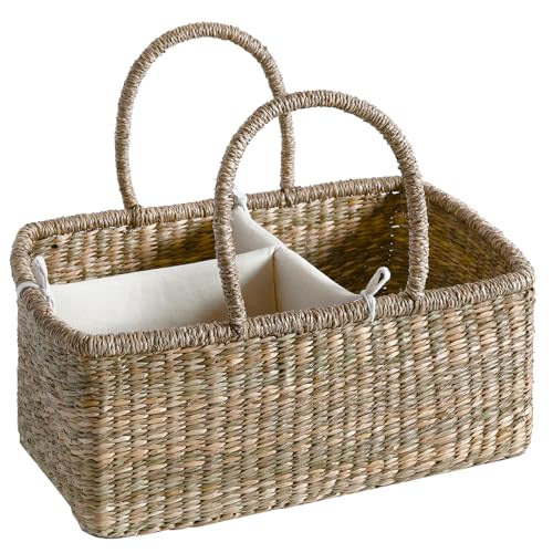 Quincry Premium Wicker Baby Diaper Caddy Organizer, Woven Seagrass Basket with Handles, Diaper Basket with Dividers (Rectangle)