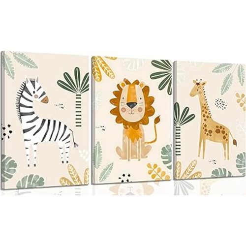 3Pcs Framed Safari Animals Canvas Wall Art Inspirational Animal Lion Giraffe Zebra Poster Print Jungle animal Painting Picture Wall Decor for Nursery Baby Children's Room Bedroom Home Decoration