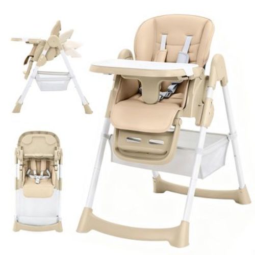 COZONY Foldable High Chair for Babies & Toddlers, Adjustable Recline & Height, PU Seat, Removable Tray, 5-Point Harness
