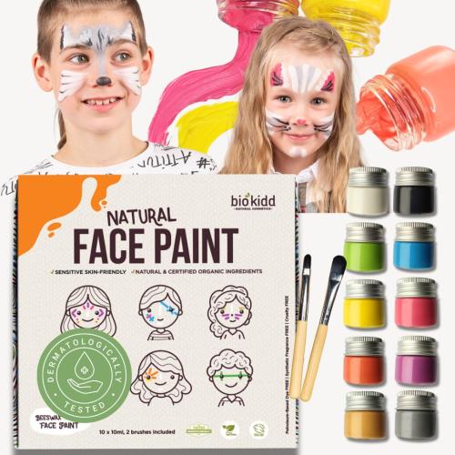 BioKidd Natural Face Body Paint Makeup Washable Cream Kit for Sensitive Skin - Face Painting Set for Kids - 10 Colours + 2 Brushes