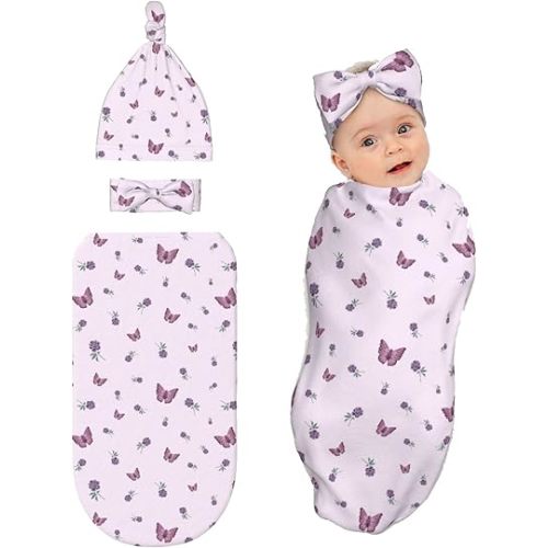 Butterfly Newborn Swaddle Blanket with Hat and Bow Set, Soft Swaddling Sack Gift for Purple Baby Items Stuff Shower
