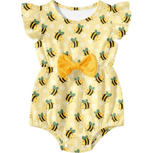 Baby Girls Clothes Infant Print Ruffle Romper Bodysuit with Bow 0-18 Months