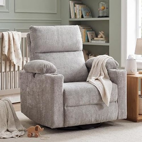 Rocking Chair Nursery with Adjustable Armrests, Glider Recliner Chair with Massage and Heat, Power Swivel Rocker Recliner with Adjustable Headrest, Chenille, Light Grey