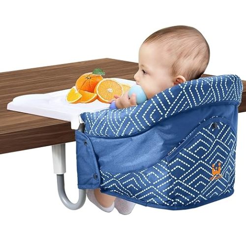 MTWML Hook On High Chair with Tray,Portable Baby High Chair that Attaches to Table,Clip On Fast Table Seat for Babies and Toddlers.Baby Feeding Seat for Dining Tables and Counter(Stripe-Blue)